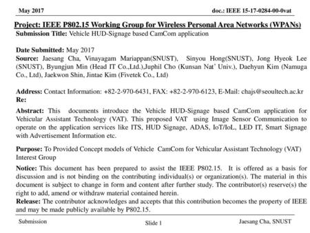 March 2017 Project: IEEE P802.15 Working Group for Wireless Personal Area Networks (WPANs) Submission Title: Vehicle HUD-Signage based CamCom application.