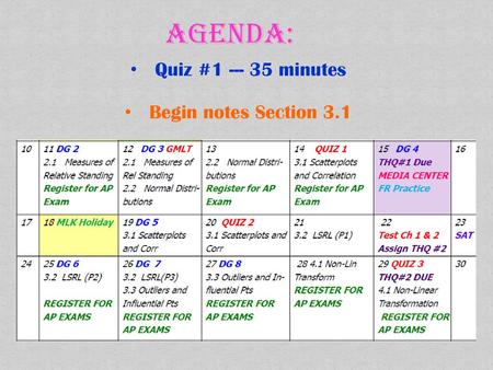 AGENDA: Quiz #1 --- 35 minutes Begin notes Section 3.1.
