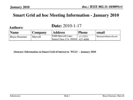 Smart Grid ad hoc Meeting Information - January 2010