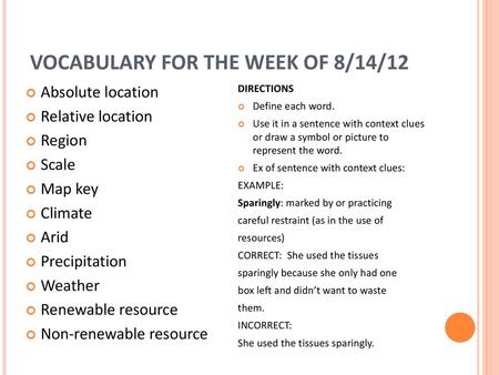 VOCABULARY FOR THE WEEK OF 8/14/12