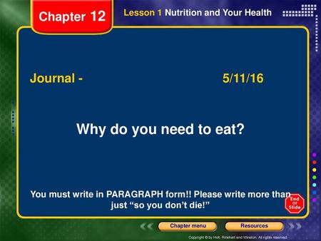 Why do you need to eat? Chapter 12 Journal - 5/11/16