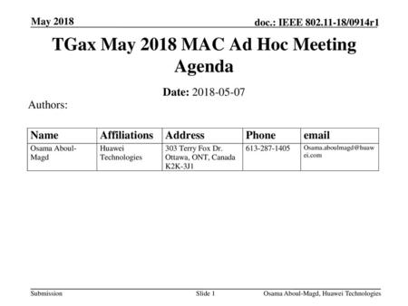 TGax May 2018 MAC Ad Hoc Meeting Agenda