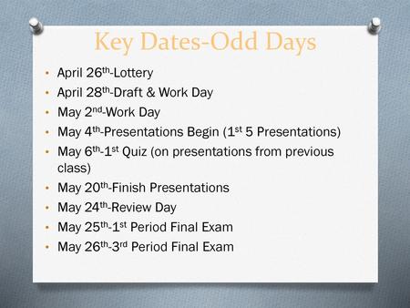 Key Dates-Odd Days April 26th-Lottery April 28th-Draft & Work Day