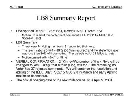 LB8 Summary Report LB8 opened 9Feb01 12am EST, closed11Mar01 12am EST.