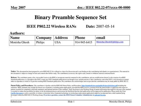 Binary Preamble Sequence Set
