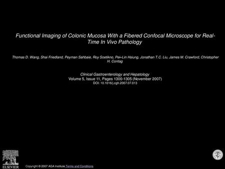 Functional Imaging of Colonic Mucosa With a Fibered Confocal Microscope for Real- Time In Vivo Pathology  Thomas D. Wang, Shai Friedland, Peyman Sahbaie,