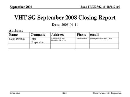VHT SG September 2008 Closing Report