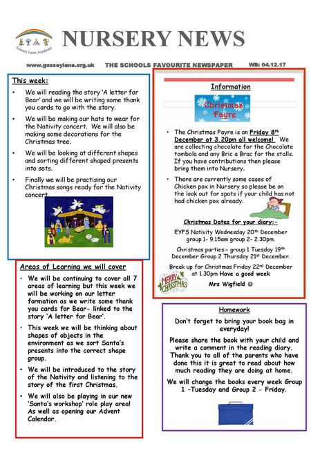 NURSERY NEWS This week: Information Areas of Learning we will cover