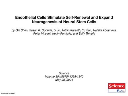 Endothelial Cells Stimulate Self-Renewal and Expand Neurogenesis of Neural Stem Cells by Qin Shen, Susan K. Goderie, Li Jin, Nithin Karanth, Yu Sun, Natalia.