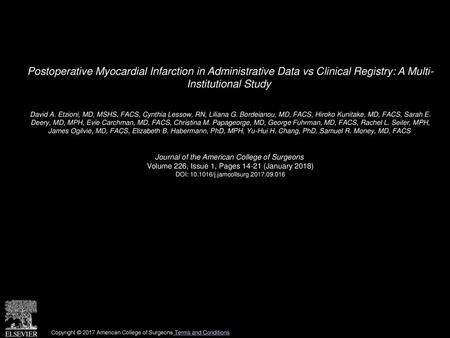 Postoperative Myocardial Infarction in Administrative Data vs Clinical Registry: A Multi- Institutional Study  David A. Etzioni, MD, MSHS, FACS, Cynthia.