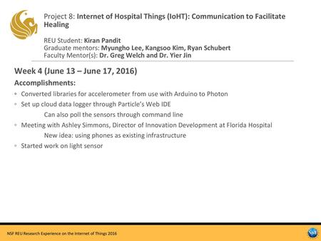 Project 8: Internet of Hospital Things (IoHT): Communication to Facilitate Healing REU Student: Kiran Pandit Graduate mentors: Myungho Lee, Kangsoo Kim,