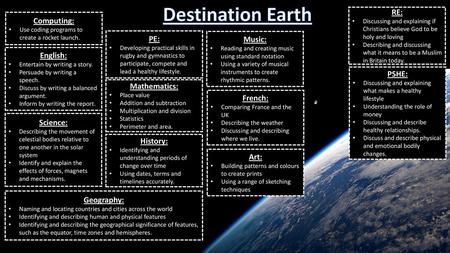 Destination Earth RE: Computing: PE: Music: English: PSHE: