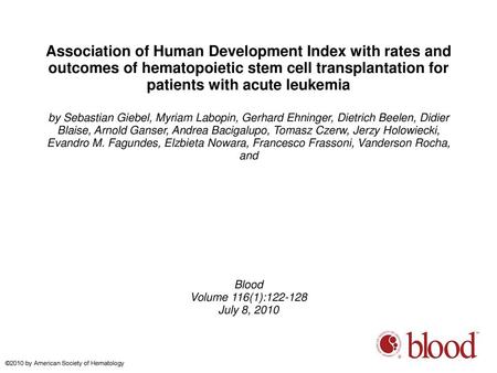 Association of Human Development Index with rates and outcomes of hematopoietic stem cell transplantation for patients with acute leukemia by Sebastian.