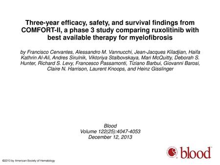 Three-year efficacy, safety, and survival findings from COMFORT-II, a phase 3 study comparing ruxolitinib with best available therapy for myelofibrosis.