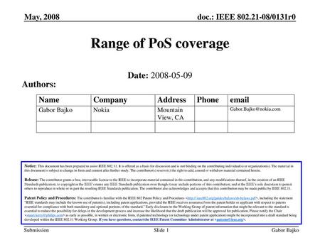 Range of PoS coverage Date: Authors: May, 2008