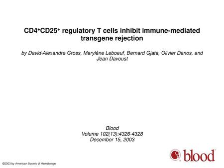 CD4+CD25+ regulatory T cells inhibit immune-mediated transgene rejection by David-Alexandre Gross, Marylène Leboeuf, Bernard Gjata, Olivier Danos, and.