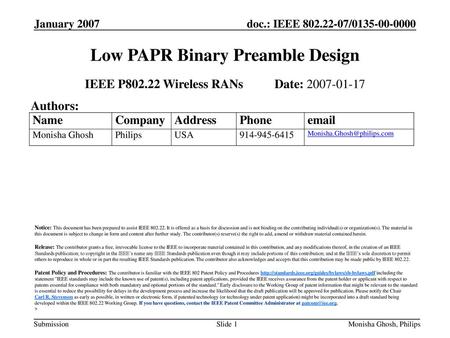 Low PAPR Binary Preamble Design
