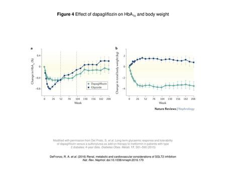Figure 4 Effect of dapagliflozin on HbA1c and body weight