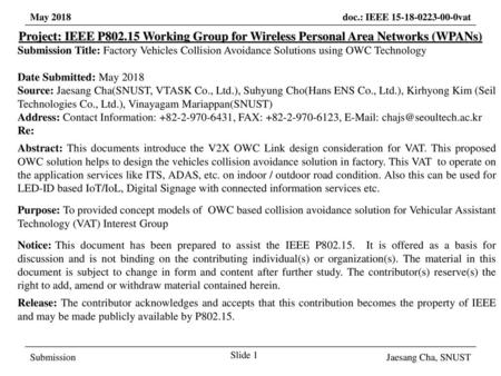 March 2017 Project: IEEE P802.15 Working Group for Wireless Personal Area Networks (WPANs) Submission Title: Factory Vehicles Collision Avoidance Solutions.