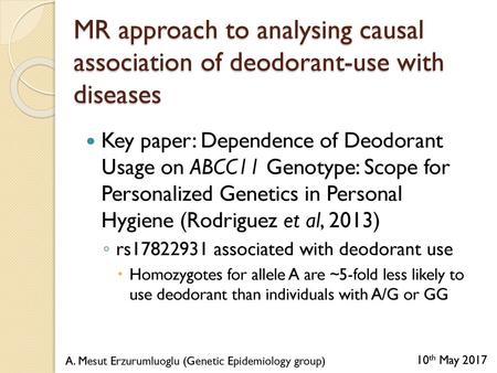 MR approach to analysing causal association of deodorant-use with diseases Key paper: Dependence of Deodorant Usage on ABCC11 Genotype: Scope for Personalized.