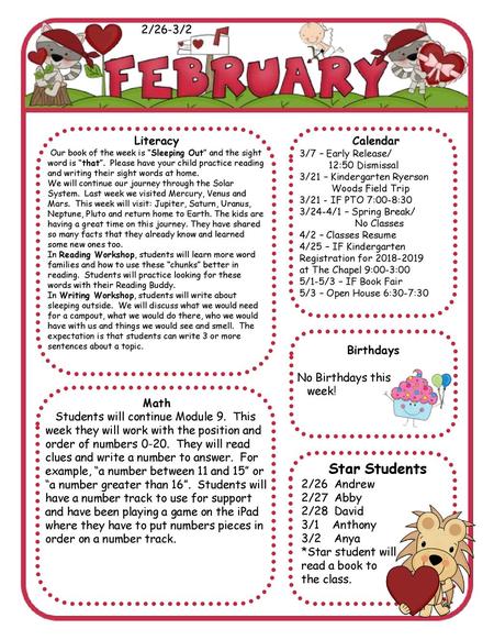 Star Students 2/26-3/2 Literacy Calendar Birthdays No Birthdays this
