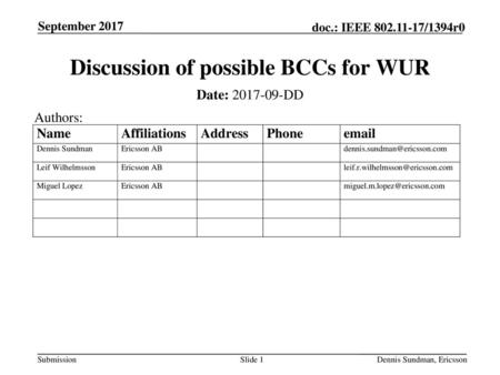 Discussion of possible BCCs for WUR