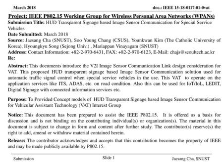March 2017 Project: IEEE P802.15 Working Group for Wireless Personal Area Networks (WPANs) Submission Title: HUD Transparent Signage based Image Sensor.