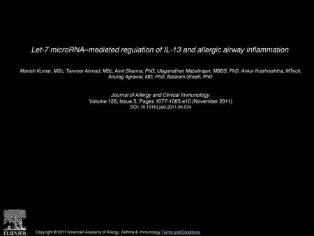 Let-7 microRNA–mediated regulation of IL-13 and allergic airway inflammation  Manish Kumar, MSc, Tanveer Ahmad, MSc, Amit Sharma, PhD, Ulaganathan Mabalirajan,