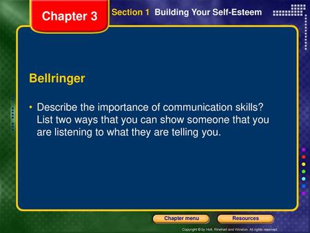 Chapter 3 Section 1  Building Your Self-Esteem Bellringer
