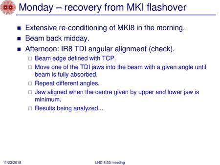 Monday – recovery from MKI flashover
