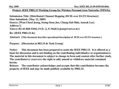 Project: IEEE P802.15 Working Group for Wireless Personal Area Networks (WPANs) Submission Title: [Distributed Channel Hopping (DCH) over EGTS Structure]