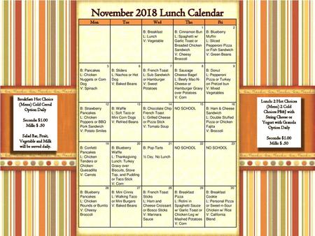 November 2018 Lunch Calendar