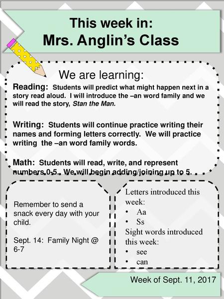 Mrs. Anglin’s Class This week in: We are learning: