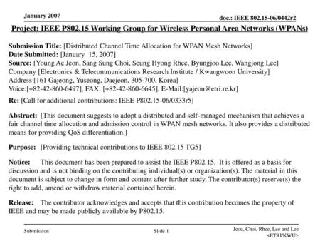 January 2007 Project: IEEE P802.15 Working Group for Wireless Personal Area Networks (WPANs) Submission Title: [Distributed Channel Time Allocation for.