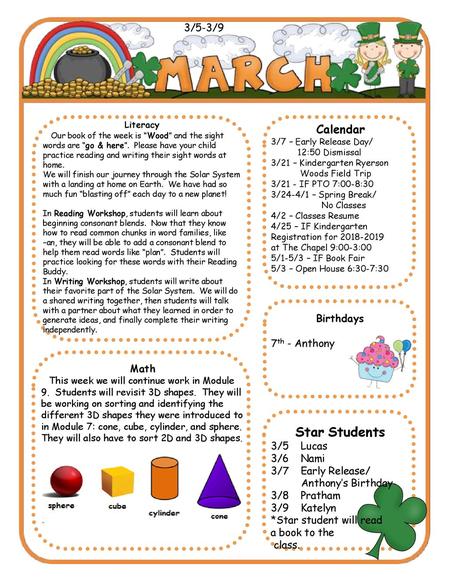 Star Students Calendar 3/5-3/9 Birthdays 7th - Anthony Math 3/5 Lucas
