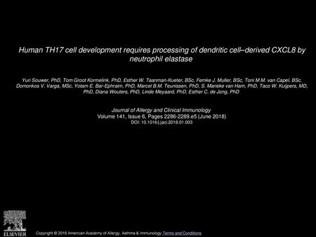 Human TH17 cell development requires processing of dendritic cell–derived CXCL8 by neutrophil elastase  Yuri Souwer, PhD, Tom Groot Kormelink, PhD, Esther.