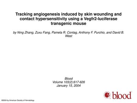 Tracking angiogenesis induced by skin wounding and contact hypersensitivity using a Vegfr2-luciferase transgenic mouse by Ning Zhang, Zuxu Fang, Pamela.
