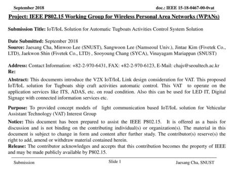 September 2018 Project: IEEE P802.15 Working Group for Wireless Personal Area Networks (WPANs) Submission Title: IoT/IoL Solution for Automatic Tugboats.