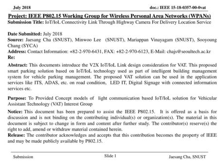 March 2017 Project: IEEE P802.15 Working Group for Wireless Personal Area Networks (WPANs) Submission Title: IoT/IoL Connectivity Link Through Highway.