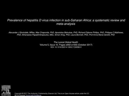 Prevalence of hepatitis D virus infection in sub-Saharan Africa: a systematic review and meta-analysis  Alexander J Stockdale, MRes, Mas Chaponda, PhD,