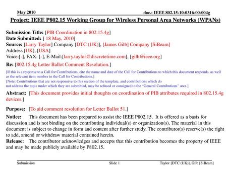 May 2010 Project: IEEE P802.15 Working Group for Wireless Personal Area Networks (WPANs) Submission Title: [PIB Coordination in 802.15.4g] Date Submitted: