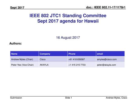 IEEE 802 JTC1 Standing Committee Sept 2017 agenda for Hawaii