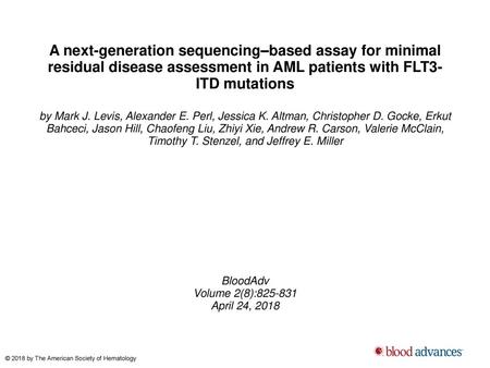 A next-generation sequencing–based assay for minimal residual disease assessment in AML patients with FLT3-ITD mutations by Mark J. Levis, Alexander E.