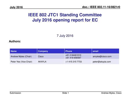 IEEE 802 JTC1 Standing Committee July 2016 opening report for EC