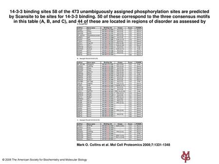 14-3-3 binding sites 58 of the 473 unambiguously assigned phosphorylation sites are predicted by Scansite to be sites for 14-3-3 binding. 50 of these correspond.