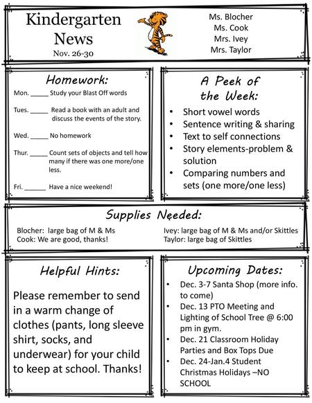 Kindergarten News Homework: A Peek of the Week: Supplies Needed: .