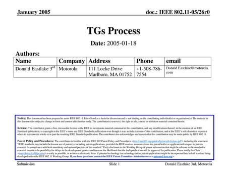 TGs Process Date: Authors: January 2005 January 2005