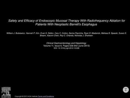 Safety and Efficacy of Endoscopic Mucosal Therapy With Radiofrequency Ablation for Patients With Neoplastic Barrett's Esophagus  William J. Bulsiewicz,