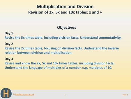 Multiplication and Division Revision of 2x, 5x and 10x tables: x and ÷