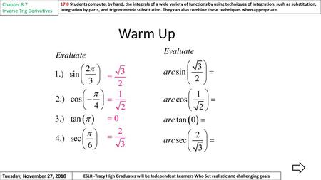 Warm Up Chapter 8.7 Inverse Trig Derivatives